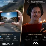 Split promo image showing outdoor view on a phone screen on the left, and a woman wearing headphones listening to music on the right.