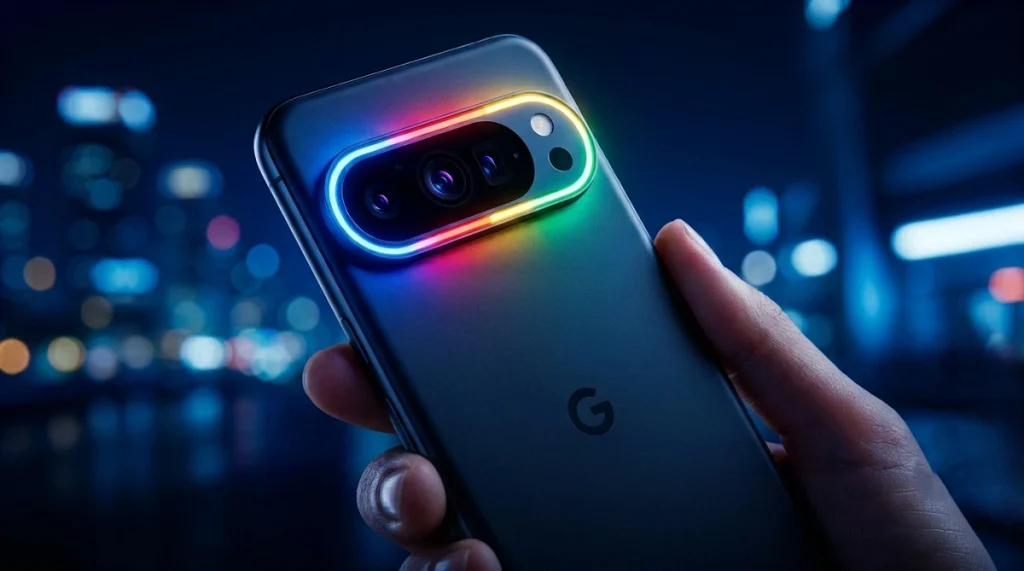 A hand holding a dark gray Google Pixel Pro phone at night, with the camera array encircled by a bright, multi-colored light ring showing blue, red, green, and yellow segments.