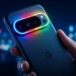 A hand holding a dark gray Google Pixel Pro phone at night, with the camera array encircled by a bright, multi-colored light ring showing blue, red, green, and yellow segments.