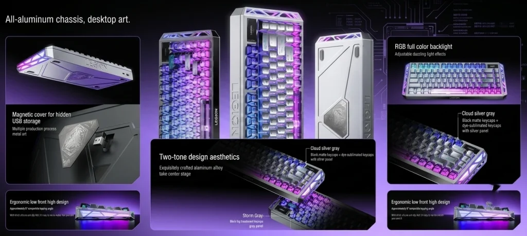 A detailed, technical infographic combining multiple illustrations and product shots of a silver mechanical gaming keyboard. At the top left, the text says "All-aluminum chassis, desktop art." Below it, an illustration shows "Magnetic cover for hidden USB storage." Another shows "exploded view of the frame." In the middle, three views of the keycaps are shown with focus on "Two-tone design aesthetics." To the right, a complete keyboard shows "RGB full color backlight." Two bottom images show the keyboard from the side, detailing its "Ergonomic low front high design." The entire image has a high-tech, digital interface style with subtle glowing lines.