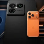 A dark matte Sony phone with a triple camera array sitting behind a unique metallic orange smartphone on a geometric dark blue background.