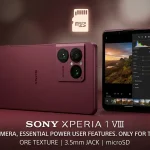 Sony Xperia 1 VIII in Garnet Red showing the square triple camera module with ZEISS branding on a textured ORE glass back, alongside the front screen displaying a photo editing app.