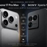 Comparative promotional graphic comparing the iPhone 17 Pro Max and Sony Xperia 1 VIII camera specifications.