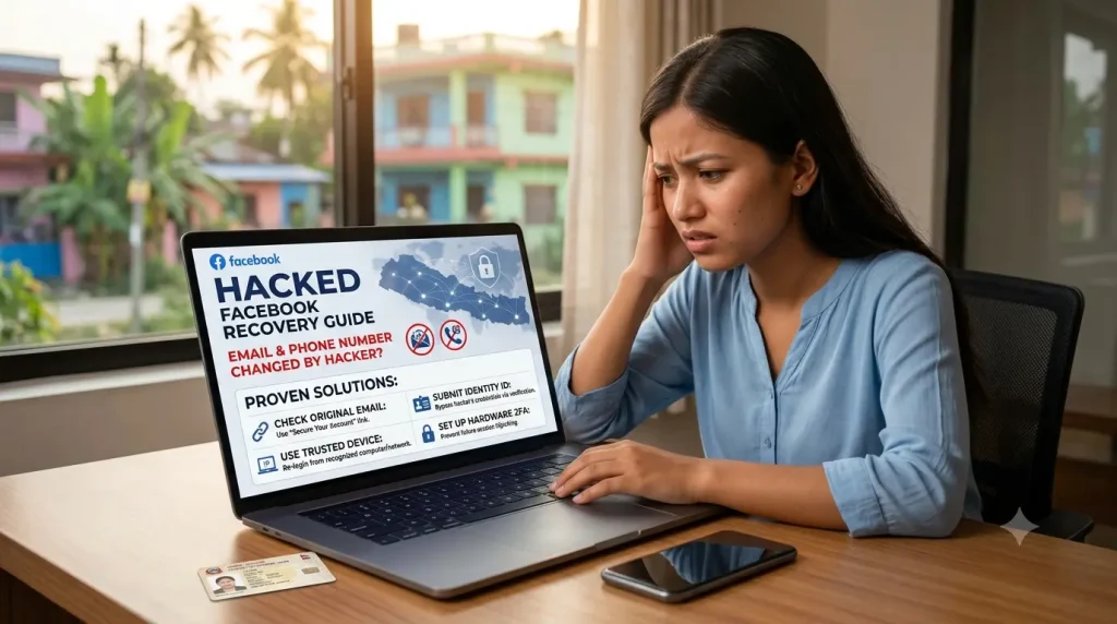 A focused woman looking at a laptop screen displaying a "Hacked Facebook Recovery Guide." The screen outlines proven solutions for when an email or phone number is changed, including checking original email alerts, using trusted devices, and submitting an identity ID. An identification card rests on the wooden desk next to the laptop.