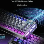 A high-tech infographic illustrating performance metrics for a silver mechanical keyboard. The image is split, with a close-up of a keyboard top-right and another below it. A main header at the top reads "True 8,000 Hz Wireless Polling" and "Ultra-Low Latency." To the right, a schematic shows an expanding blue glowing wireless signal from the keyboard to a receiver, with a virtual hand diagram. On the bottom left, a graph compares a single "1000Hz polling" pulse with eight "8000Hz polling" pulses all fitting into a "1ms" timeframe, with text labels. The entire image has technical typography and glowing neon lines.