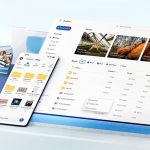 Microsoft OneDrive user interface displayed side-by-side on a mobile smartphone and a large desktop screen showing photos, folders, and files.