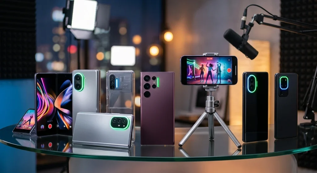 An extensive collection of the best smartphones for TikTok, including top-tier foldable and glass slab designs, displayed on a glass table in a recording studio. A mobile phone with a tripod is recording a dance video in the background.