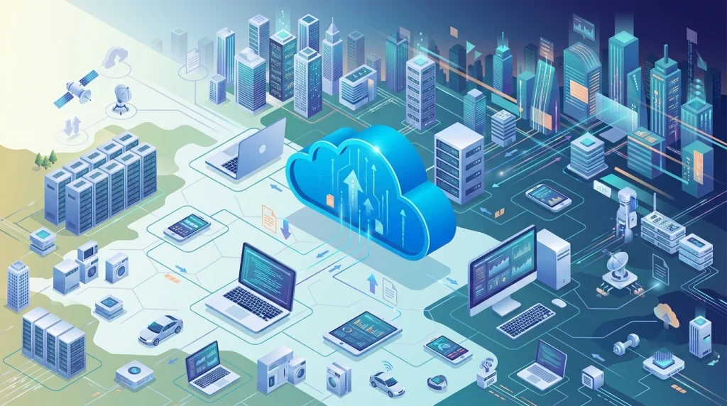 Isometric 3D illustration showing a central blue cloud computing connected to servers, devices, and a futuristic city skyline.