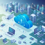 Isometric 3D illustration showing a central blue cloud computing connected to servers, devices, and a futuristic city skyline.