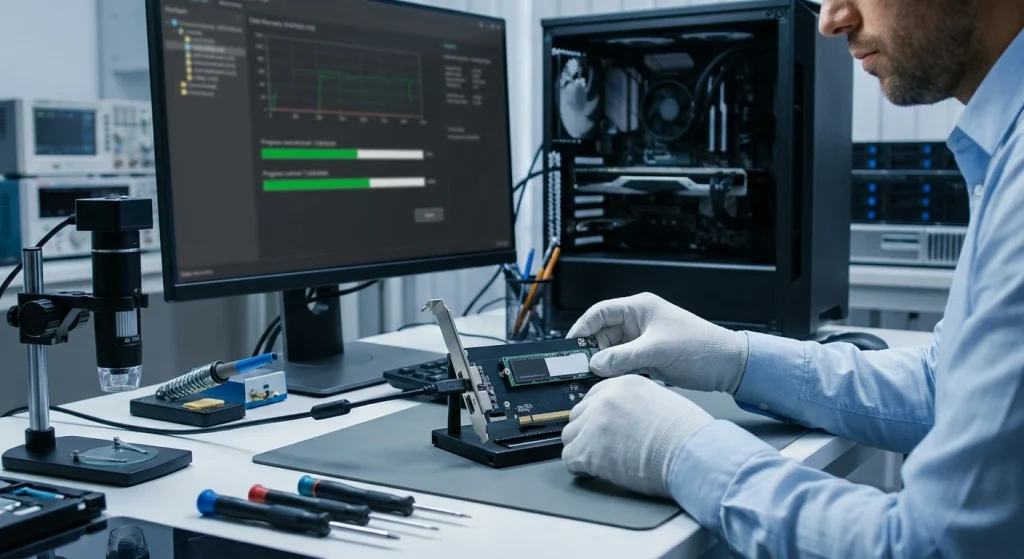 Hardware technician inspecting a corrupted NVMe SSD on a test bench for data recovery