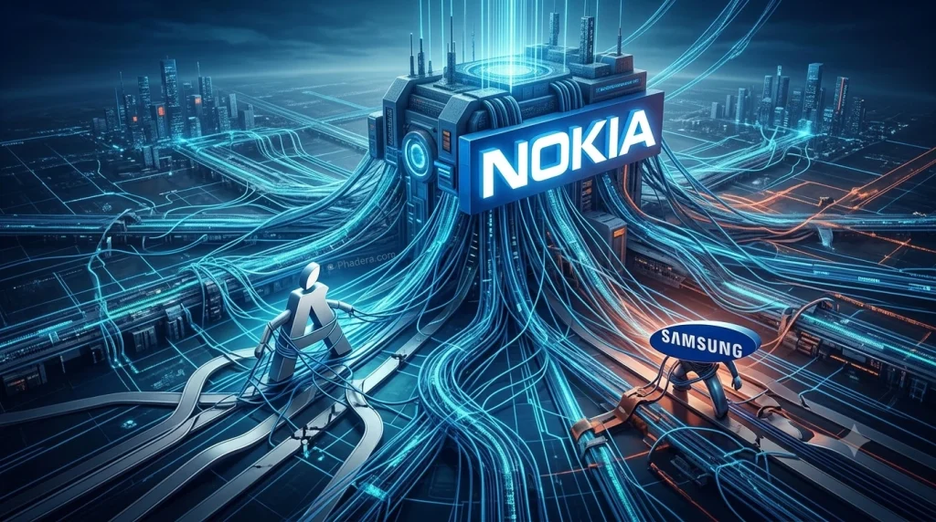 Nokia Master Plan central infrastructure glowing with fiber optics controlling tethered Apple and Samsung tech figures