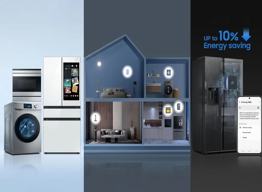 Samsung Bespoke AI ecosystem banner displaying smart appliances, house cross-section automation layout, and SmartThings AI Energy Mode mobile app