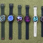 Side-by-side lineup of six Samsung Galaxy Watch models including Galaxy Watch Ultra2 and Galaxy Watch9 in various colors and band styles.