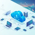 Isometric graphic featuring a central glowing cloud icon transferring data to connected laptops, tablets, and desktop computers.