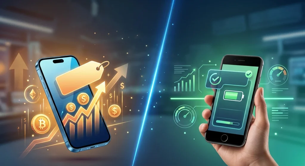 A conceptual image split down the center with a bright blue line, visualizing a choice regarding the iPhone 18. On the left side, representing a potential premium iPhone 18 purchase, a smartphone displays a golden growth graph, a large upward arrow, and floating gold coins with Bitcoin and dollar symbols, indicating a high-value or investment scenario. A blank price tag hangs from this section. On the right, symbolizing keeping a current phone instead of upgrading to an iPhone 18, a hand holds a different smartphone displaying a holographic dashboard focused on optimization, showing a "RETAIN" checklist, a "HEALTHY" battery level bar, and speed gauges in green and blue interface elements, emphasizing maintaining existing value.