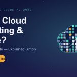 Dark navy banner featuring a grid-patterned digital cloud graphic on the right with white text headline on the left.