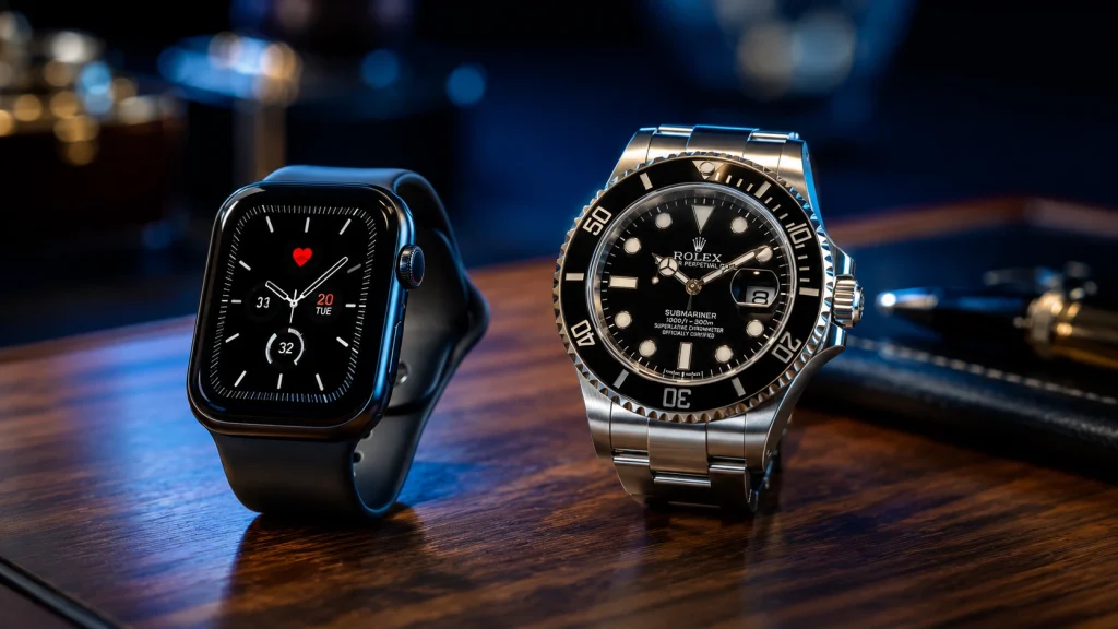 A modern black smartwatch resting next to a classic Rolex Submariner luxury mechanical watch, demonstrating why luxury watchmakers don't make smartwatches.