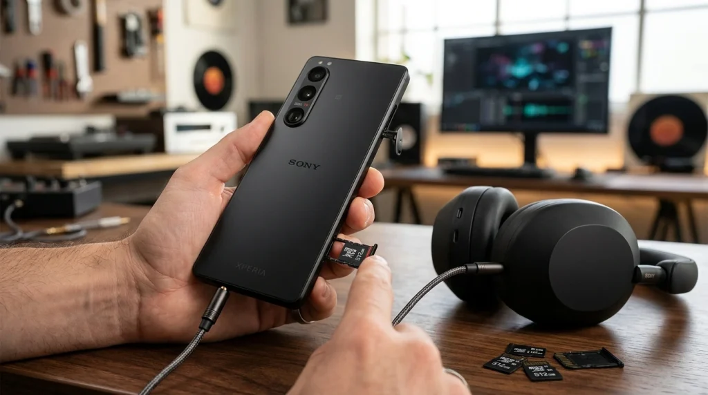 Sony Xperia 1 VIII featuring a built-in 3.5mm headphone jack and MicroSD slot for expanded audio and storage.