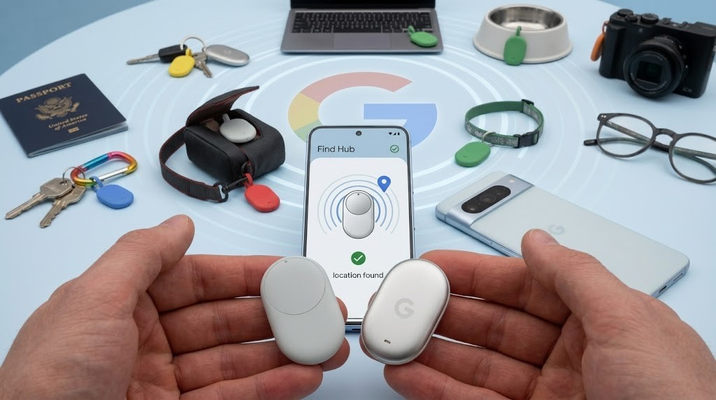 Hands holding two new Google Pixel Tag Bluetooth trackers, showing the silver one with a prominent 'G' logo, alongside a smartphone displaying the 'Find Hub' app. The background is a flat lay of diverse objects like keys, a passport, and a pet bowl, all featuring colorful Google Pixel Tag attachments, illustrating widespread item tracking.